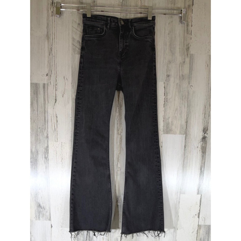 H&M &Denim Flare Jeans 24x27 High Rise Raw Hem Frayed Faded Black Wash READ
